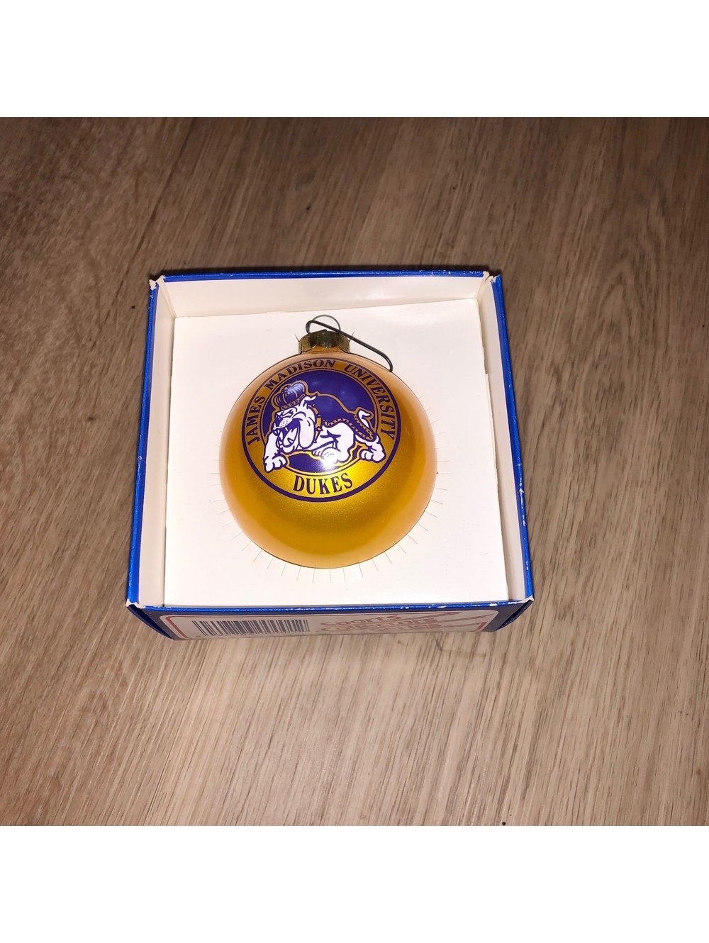VINTAGE JAMES MADISON UNIVERSITY DUKES JMU GLASS CHRISTMAS ORNAMENT GOLD